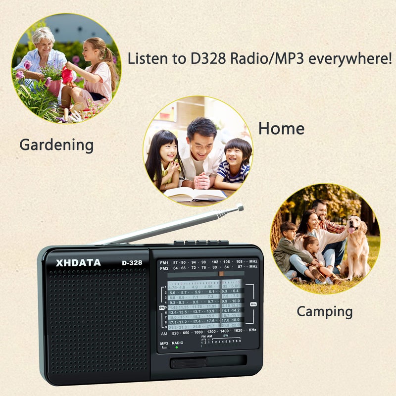 XHDATA D-328 Shortwave AM FM DSP Portable Small Multi Band Radio Stereo MP3 Player with Rechargeable Battery Earphone Jack Portable Multimedia Speaker with USB Micro SD Card Jack (Black) - Image 4